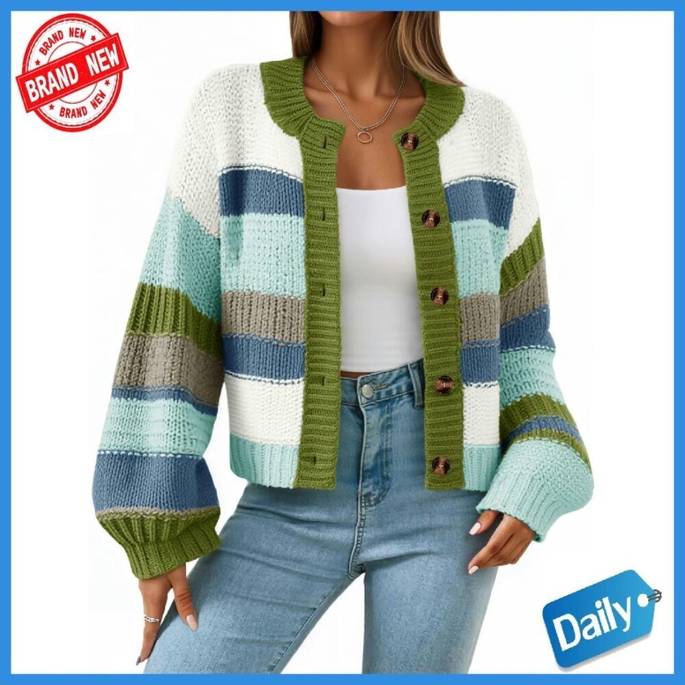 Chunky Striped Cardigan Sweater Oversized Fit Button Up Long Sleeve